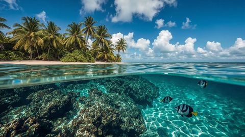 Vibrant underwater coral reef and tropical island seascape