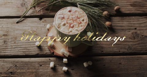 Christmas Hot Chocolate with Marshmallows on Wooden Table