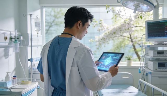 Doctor reviewing digital patient data on tablet with vital monitor and healthtech interface