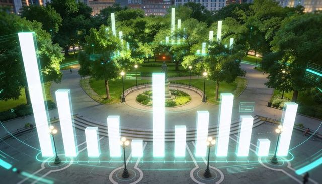 Augmented reality data pillars projecting over urban park plaza with neon holographic hud