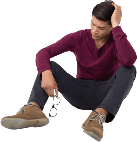 Transparent Young Man Sitting Thinking Holding Head Maroon Shirt