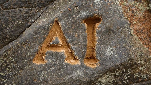 Weathered AI Rock Carving on Lichen-Covered Boulder with Rustic Texture