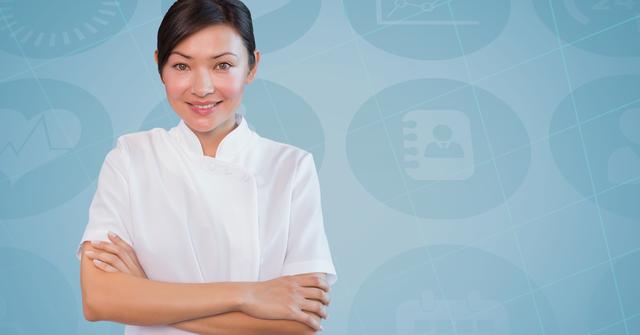 Nurse standing with crossed arms, projecting confidence and professionalism. She is in a white uniform against a backdrop of medical icons, symbolizing healthcare and medical industry. Ideal for illustrating healthcare themes, medical services, nursing profession, medical advertisements, and health-related articles.