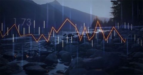 Digital integration with tranquil mountain lake at dusk