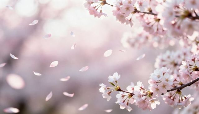 Spring Cherry Blossom Branch with Drifting Petals and Soft Pastel Bokeh for Background