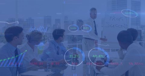 business meeting with financial data overlay in office - Download Free Stock Images Pikwizard.com
