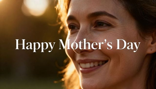 Happy mother's day smiling woman golden hour closeup sunlit profile with bokeh