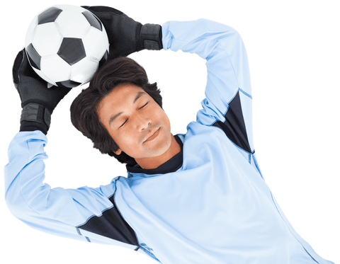 Goalkeeper relaxing with soccer ball in transparent concept