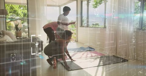 Group Preparing for Home Yoga Mat Workout in Sunlit Living Room, Morning Stretch Routine