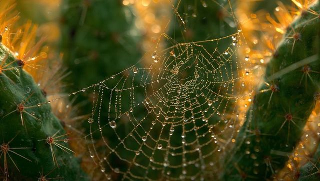 Glistening orb spider web catching dew and warm dawn light between cactus pads