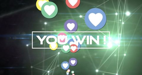 Digital Celebration with Floating Hearts and Winning Message