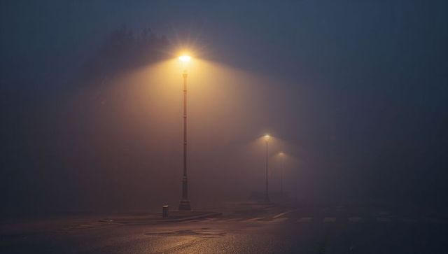 Mysterious foggy street with glowing lamps at night