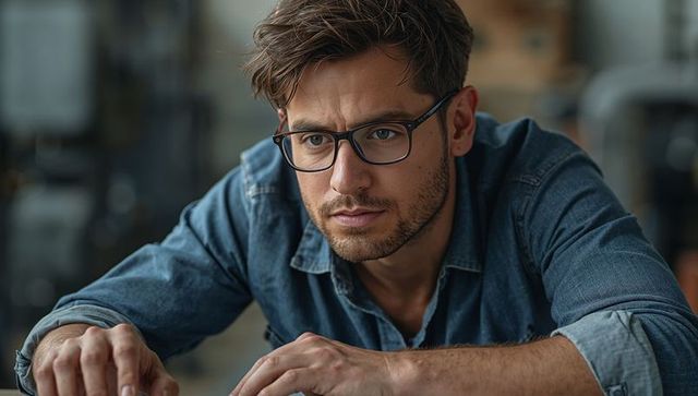 Focused young professional leaning over laptop, typing at workshop desk, wearing denim