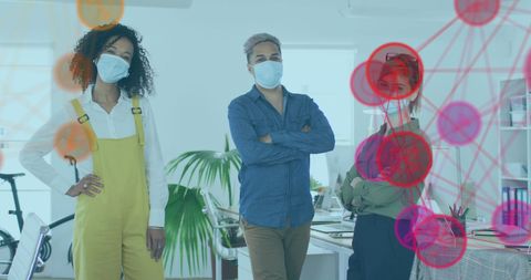 Colleagues in Office During Pandemic with Digital Analysis