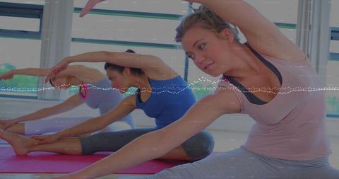 Women Group Yoga Stretching Class Reaching for Flexibility Balance Sunlit Fitness Studio