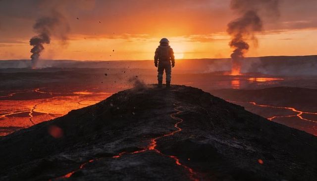 Astronaut standing and wearing space suit on volcanic ridge at fiery sunset with lava flow