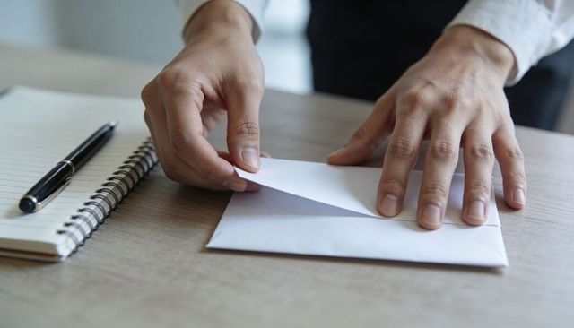 Professional Sealing Envelope on Desk with Notebook and Pen Closeup