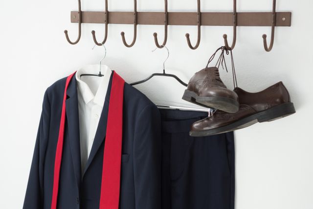 Business suit and shoes hanging on wall hook against white wall. Perfect for illustrating professional attire, office wear, and organizational concepts. Suitable for use in fashion blogs, corporate websites, and wardrobe organization articles.
