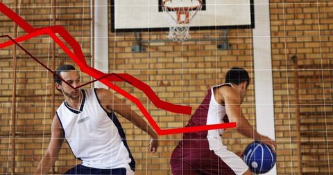 Two basketball players competing under red declining graph overlay showing performance drop