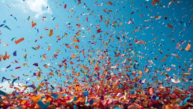 Vibrant Celebration with Colorful Confetti in Clear Blue Sky