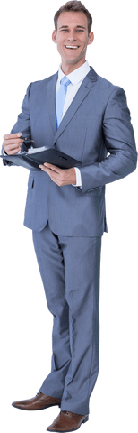 Happy caucasian businessman with folder on transparent background