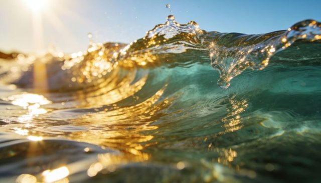 Sunlit glassy ocean wave cresting with golden reflections and crystal turquoise water