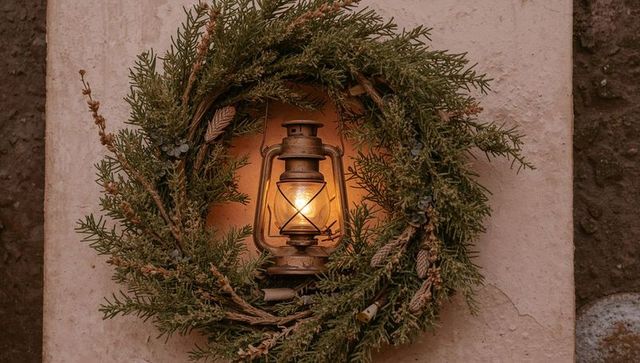 Rustic evergreen wreath framing glowing vintage kerosene lantern on pale plaster wall