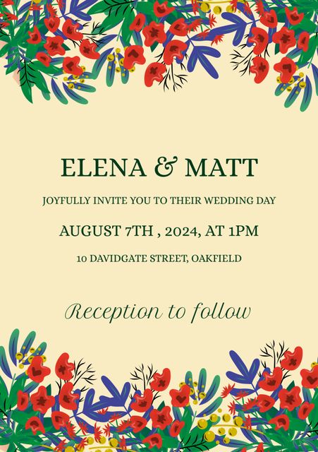 This festive wedding invitation features a vibrant border of flowers, perfect for a spring ceremony. The elegant typography contrasts beautifully with the colorful botanical accents, making it ideal for couples planning a joyful wedding event. Use this invitation for save-the-date announcements, wedding invitations, or bridal shower invites.