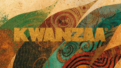 Gold kwanzaa lettering with tribal motifs on textured metallic holiday poster
