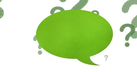 Green speech bubble with question marks on white background