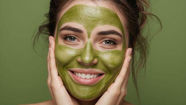 Smiling woman cupping face with green clay mask closeup glowing skin beauty spa
