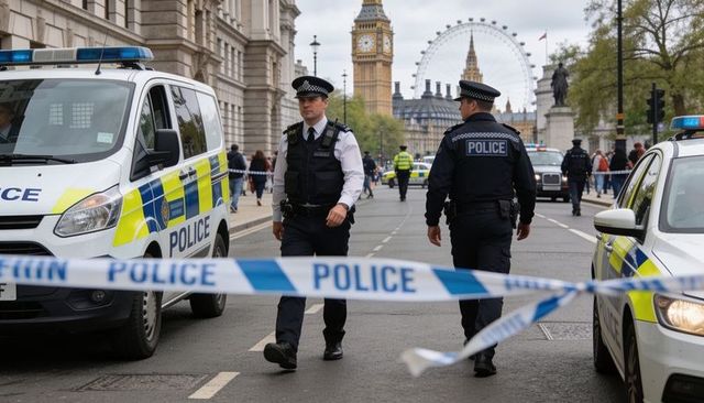 London police officers securing cordon with police tape near big ben and london eye