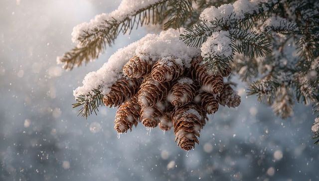 Snow-dusted pine cones hanging on fir branch with icicles, falling snow, winter bokeh
