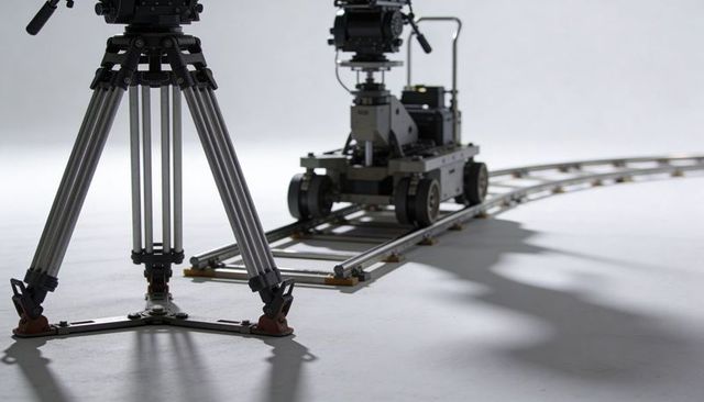 Heavy-duty camera tripod and motorized dolly on curved rail track in studio