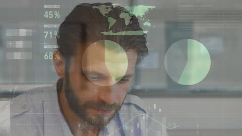 Businessman Analyzing Financial Data with a Global Focus in Background