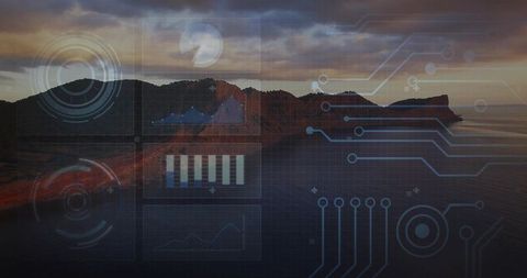 Rugged coastal headland at twilight with futuristic hud data overlay
