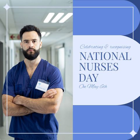 National nurses day celebration with confident male nurse in hospital