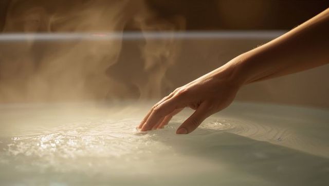Female hand touching milky spa water creating gentle ripples while steam rising and warmth