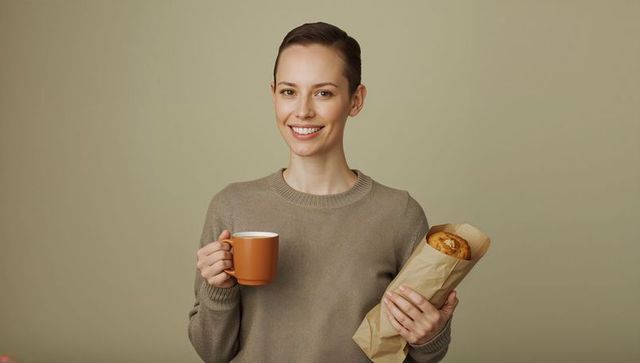 Smiling woman enjoying morning coffee and pastry holding orange mug and paper bag in taupe sweater