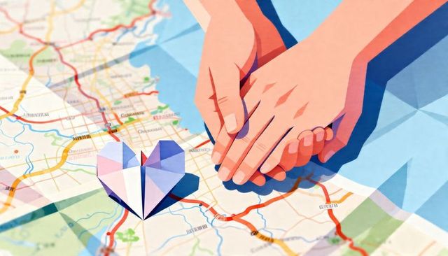 Placing hands over road map with pastel origami heart for romantic travel planning
