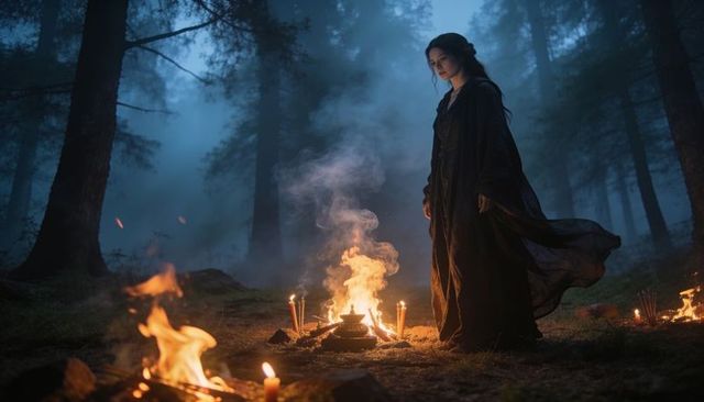 Moonlit witch ritual in foggy forest with cauldron and candle circle cinematic dark fantasy