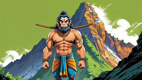 Mythical monkey warrior with staff in majestic mountain landscape