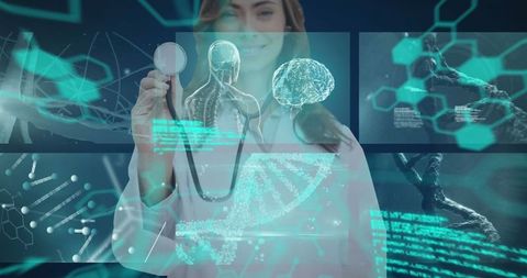 Futuristic Medical Technology Interface with Female Doctor and Digital Data