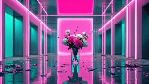 Elegant AI-Generated Bouquet in Futuristic Neon Hallway