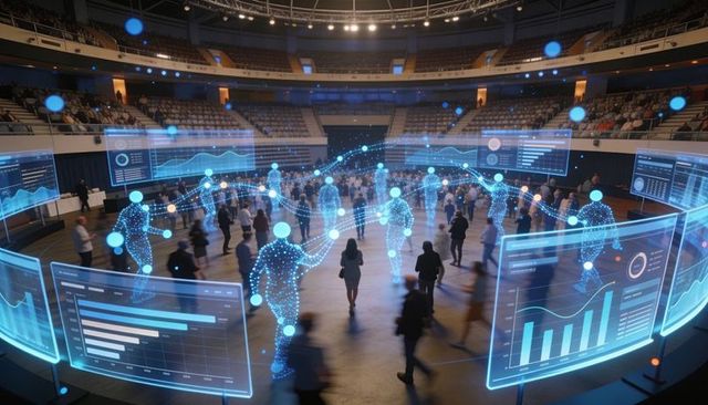 Holographic network connecting attendees with live data dashboards in exhibition arena