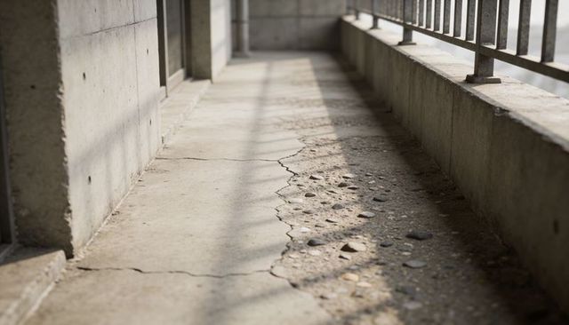 Sunlight Casting Long Railing Shadows on Eroded Concrete Walkway
