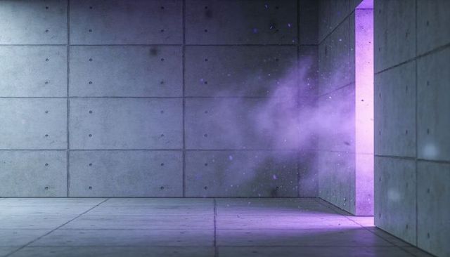 Streaming purple mist through narrow doorway in minimal concrete room