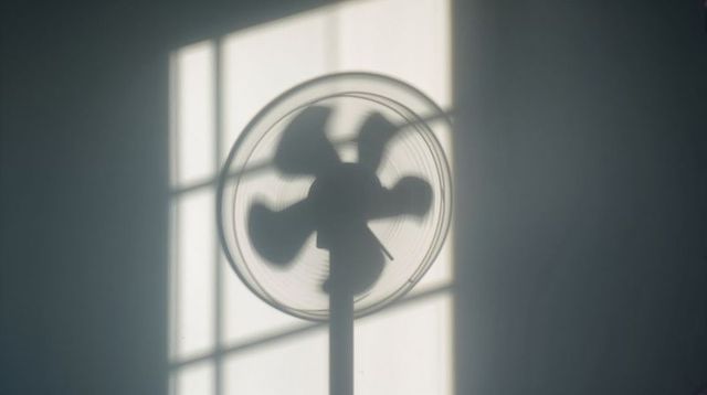 Rotating Fan Shadow Casting Window Grid Silhouette on Sunlit Minimalist Wall
