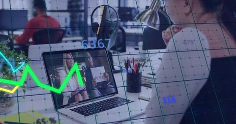 Remote team collaborating over video call with green data graph overlay in modern office