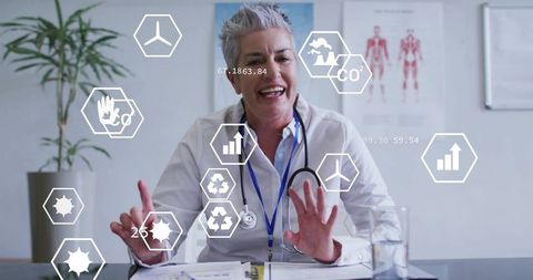 Smiling Female Doctor with Futuristic Data Projections in Office